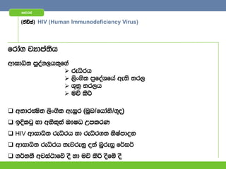 ffjria


    ^taâia& HIV (Human Immunodeficiency Virus)



frda. jHdma;sh
wdidê; mqoa.,hl=f.a
                     reêrh
                     ,sx.sl m%foaYfha we;s ;r,
                     Y=l% ;r,h
                     uõ lsß

 wkdrÌs; ,sx.sl weiqr ^uqL$fhdaks$.=o&
 bÈlgq yd wksl=;a T!IO WmlrK
 HIV wdidê; reêrh yd reêr.; ksIamdok
 wdidê; reêrh ;ejrekq o;a nqreiq f¾i¾
 .¾NkS wjia:dfõ oS yd uõ lsß oSfï oS
 