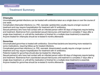 Treatment


       Treatment Summary
                                                    Bacterial

Chlamydia
Uncomplicated genital infections can be treated with antibiotics taken as a single dose or over the course of
one week.
Complicated chlamydial infections (i.e. PID, neonatal, epididymitis) usually require a longer course of
treatment and may require hospitalization for treatment with IV antibiotics.
Sexual partner(s) who have had contact with an infected person within 60 days of diagnosis require testing
and treatment. Abstinence from unprotected sexual intercourse until treatment is complete (7 days after a
single dose treatment, or until all the medication is finished for a multiple dose treatment) is essential.
Anyone treated for chlamydia should be re-tested 6 months afterwards

Gonorrhea
Uncomplicated gonorrhea is treated with antibiotics. Gonorrhea bacteria are becoming more resistant to
some medications, requiring follow-up for treated infections.
Complicated gonorrhea infections (i.e. PID, neonatal, disseminated) usually require a longer course of
treatment and may require hospitalization for treatment with IV antibiotics.
Patients treated for gonorrhea should also be treated for chlamydia.
Sexual partner(s) who have had contact with an infected person within 60 days of diagnosis require testing
and treatment. Abstinence from unprotected sexual intercourse until treatment is complete (7 days after a
single dose treatment, or until all the medication is finished for a multiple dose treatment) is essential.
Anyone treated for gonorrhea should be re-tested 6 months afterwards.
                                                                           EXCEPTIONS
                                                                           Pregnant and lactating women with STIs may require
                                                                           different forms of treatment to prevent harm to their
                                                                           fetus or newborn.
 