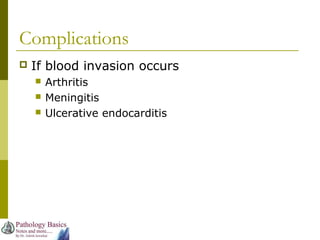 Complications
 If blood invasion occurs
 Arthritis
 Meningitis
 Ulcerative endocarditis
 