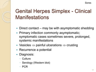 33
Genital Herpes Simplex - Clinical
Manifestations
 Direct contact – may be with asymptomatic shedding
 Primary infection commonly asymptomatic;
symptomatic cases sometimes severe, prolonged,
systemic manifestations
 Vesicles  painful ulcerations  crusting
 Recurrence a potential
 Diagnosis:
◦ Culture
◦ Serology (Western blot)
◦ PCR
Sores
 