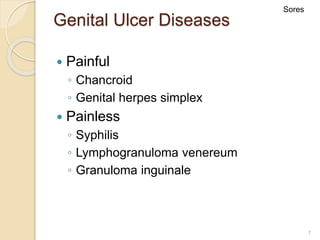 7
Genital Ulcer Diseases
 Painful
◦ Chancroid
◦ Genital herpes simplex
 Painless
◦ Syphilis
◦ Lymphogranuloma venereum
◦ Granuloma inguinale
Sores
 