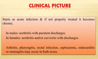 CLINICAL PICTURE
Starts as acute infection & if not properly treated it becomes
chronic.
• In males: urethritis with purulent discharges.
• In females: urethritis and/or cervicitis with discharges.
• Arthritis, pharyngitis, rectal infection, septicaemia, endocarditis
or meningitis may occur in both sexes.
 