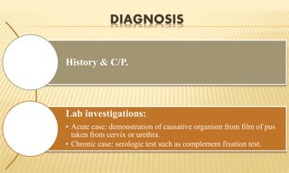 DIAGNOSIS
History & C/P.
Lab investigations:
• Acute case: demonstration of causative organism from film of pus
taken from cervix or urethra.
• Chronic case: serologic test such as complement fixation test.
 