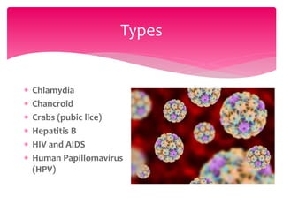 Types
 Chlamydia
 Chancroid
 Crabs (pubic lice)
 Hepatitis B
 HIV and AIDS
 Human Papillomavirus
(HPV)
 