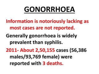 GONORRHOEA
Information is notoriously lacking as
most cases are not reported.
Generally gonorrhoea is widely
prevalent than syphilis.
2011- About 2,50,155 cases (56,386
males/93,769 female) were
reported with 3 deaths.
 