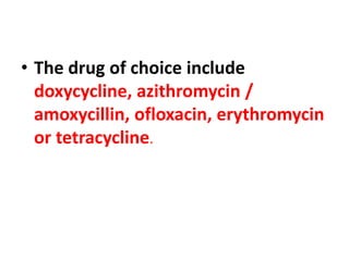 • The drug of choice include
doxycycline, azithromycin /
amoxycillin, ofloxacin, erythromycin
or tetracycline.
 