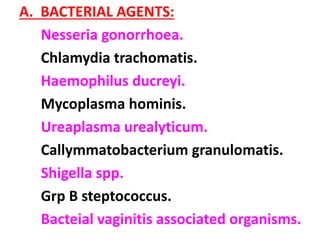 A. BACTERIAL AGENTS:
Nesseria gonorrhoea.
Chlamydia trachomatis.
Haemophilus ducreyi.
Mycoplasma hominis.
Ureaplasma urealyticum.
Callymmatobacterium granulomatis.
Shigella spp.
Grp B steptococcus.
Bacteial vaginitis associated organisms.
 
