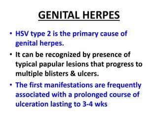 GENITAL HERPES
• HSV type 2 is the primary cause of
genital herpes.
• It can be recognized by presence of
typical papular lesions that progress to
multiple blisters & ulcers.
• The first manifestations are frequently
associated with a prolonged course of
ulceration lasting to 3-4 wks
 