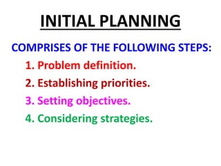 INITIAL PLANNING
COMPRISES OF THE FOLLOWING STEPS:
1. Problem definition.
2. Establishing priorities.
3. Setting objectives.
4. Considering strategies.
 