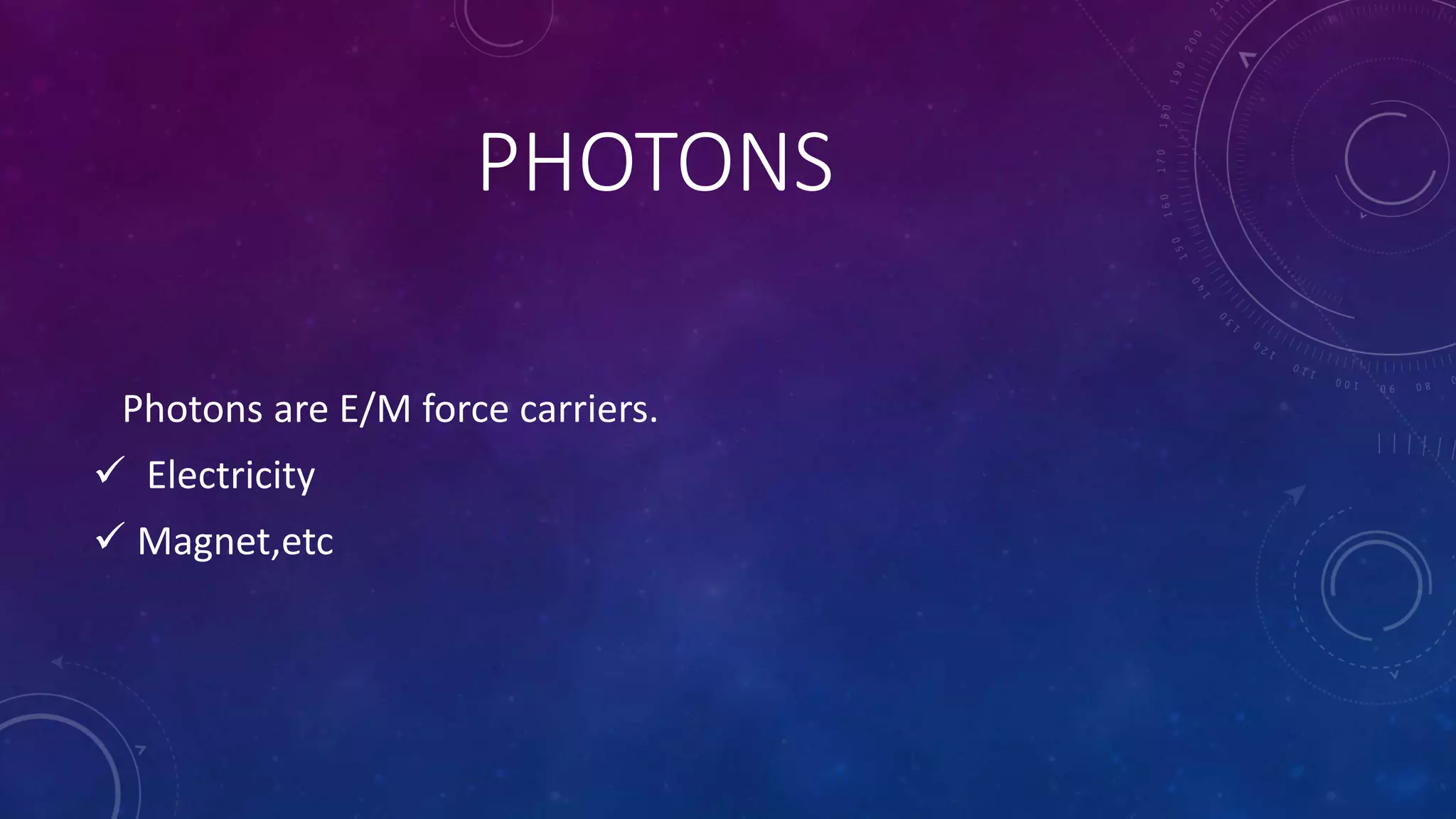 PHOTONS
Photons are E/M force carriers.
Electricity
Magnet,etc