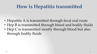 How is Hepatitis transmitted
• Hepatitis A is transmitted through fecal oral route
• Hep B is transmitted through blood and bodily fluids
• Hep C is transmitted mostly through blood but also
through bodily fluids
 