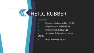 SYNTHETIC RUBBER
Examples–
🞂 ​ Styrene butadiene rubber (SBR)
🞂 ​ Polybutadiene Rubber(BR)
🞂 ​ Chloroprene Rubber(CR)
🞂 ​ Acrylonitrile butadiene rubber
(NBR):
🞂 ​ Butyl Rubber(BR), etc.
 