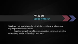 What are
Biopolymers?
Biopolymers are polymers produced by living organisms; in other words,
they are polymeric biomolecules.
Since they are polymers, biopolymers contain monomeric units that
are covalently bonded to form larger structures.
 