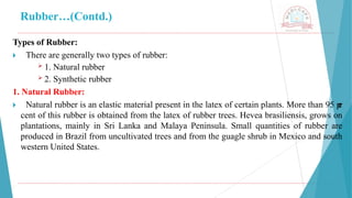 Rubber…(Contd.)
Types of Rubber:
🞂 ​ There are generally two types of rubber:
 1. Natural rubber
 2. Synthetic rubber
1. Natural Rubber:
🞂 ​ Natural rubber is an elastic material present in the latex of certain plants. More than 95 p
e
r
cent of this rubber is obtained from the latex of rubber trees. Hevea brasiliensis, grows on
plantations, mainly in Sri Lanka and Malaya Peninsula. Small quantities of rubber are
produced in Brazil from uncultivated trees and from the guagle shrub in Mexico and south
western United States.
 
