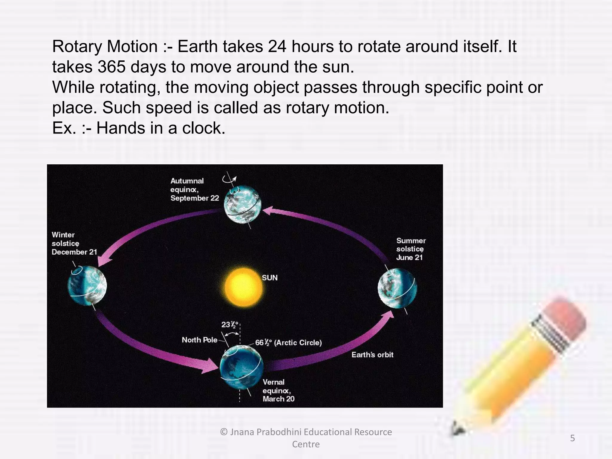 Rotary Motion :- Earth takes 24 hours to rotate around itself. It
takes 365 days to move around the sun.
While rotating, the moving object passes through specific point or
place. Such speed is called as rotary motion.
Ex. :- Hands in a clock.
5
© Jnana Prabodhini Educational Resource
Centre
 