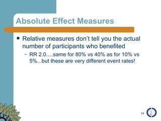 Absolute Effect Measures Relative measures don’t tell you the actual number of participants who benefited RR 2.0….same for 80% vs 40% as for 10% vs 5%...but these are very different event rates! 