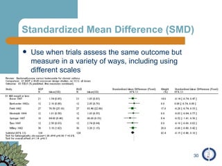 Standardized Mean Difference (SMD) Use when trials assess the same outcome but measure in a variety of ways, including using different scales 