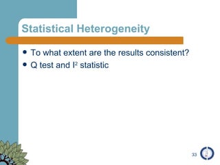 Statistical Heterogeneity To what extent are the results consistent? Q test and I 2  statistic 