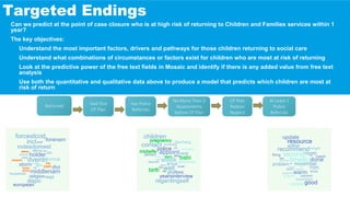 Targeted Endings
Can we predict at the point of case closure who is at high risk of returning to Children and Families services within 1
year?
The key objectives:
Understand the most important factors, drivers and pathways for those children returning to social care
Understand what combinations of circumstances or factors exist for children who are most at risk of returning
Look at the predictive power of the free text fields in Mosaic and identify if there is any added value from free text
analysis
Use both the quantitative and qualitative data above to produce a model that predicts which children are most at
risk of return
Had One
CP Plan
Has Police
Referrals
No More Than 3
Assessments
before CP Plan
CP Plan
Reason
Neglect
At Least 2
Police
Referrals
Returned
 