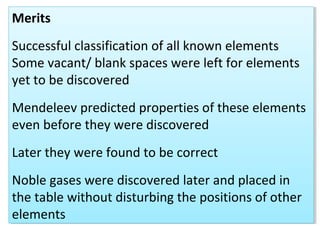 Merits
Successful classification of all known elements
Some vacant/ blank spaces were left for elements
yet to be discovered
Mendeleev predicted properties of these elements
even before they were discovered
Later they were found to be correct
Noble gases were discovered later and placed in
the table without disturbing the positions of other
elements
Merits
Successful classification of all known elements
Some vacant/ blank spaces were left for elements
yet to be discovered
Mendeleev predicted properties of these elements
even before they were discovered
Later they were found to be correct
Noble gases were discovered later and placed in
the table without disturbing the positions of other
elements
 