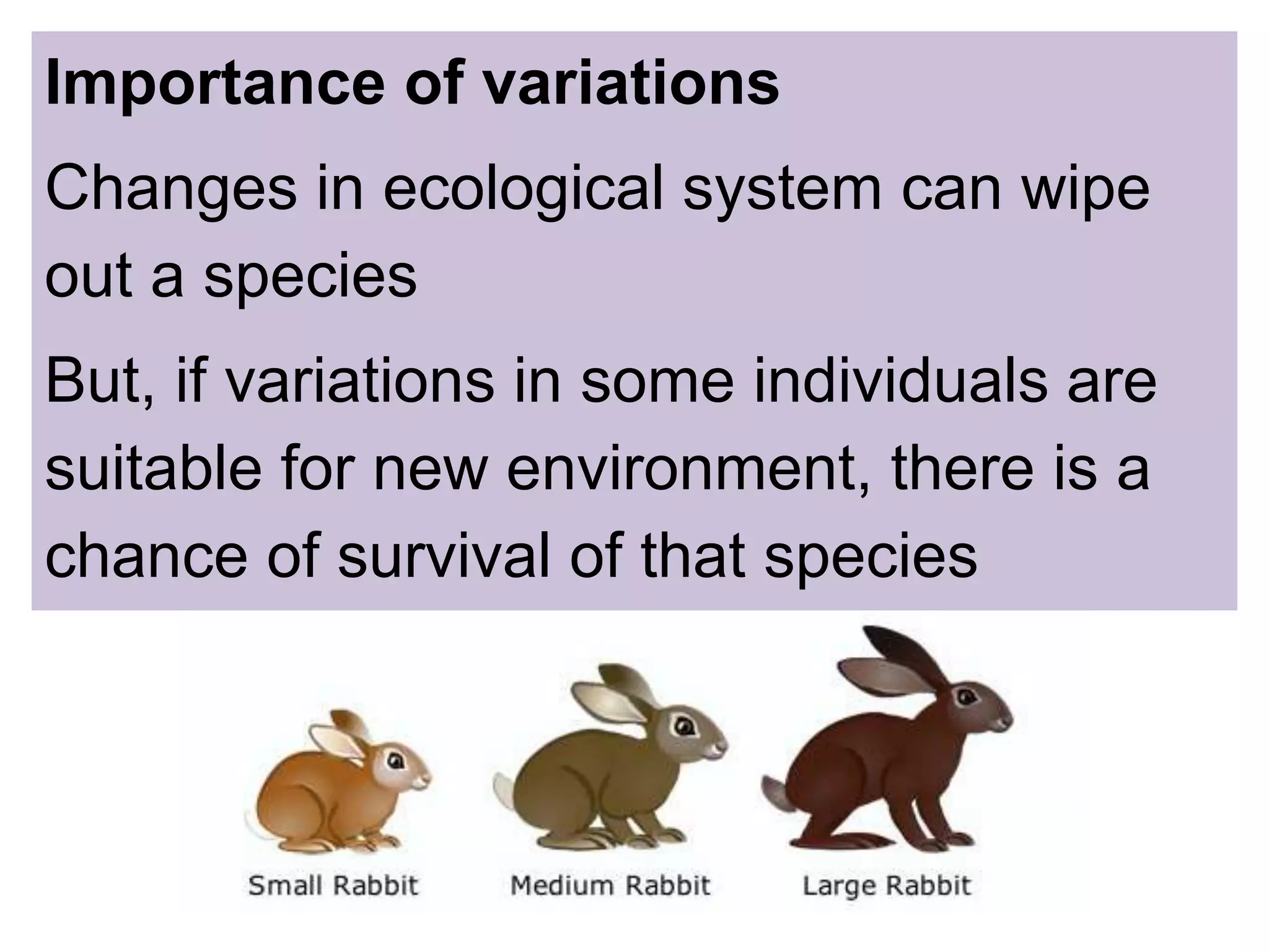 Importance of variations
Changes in ecological system can wipe
out a species
But, if variations in some individuals are
suitable for new environment, there is a
chance of survival of that species
 