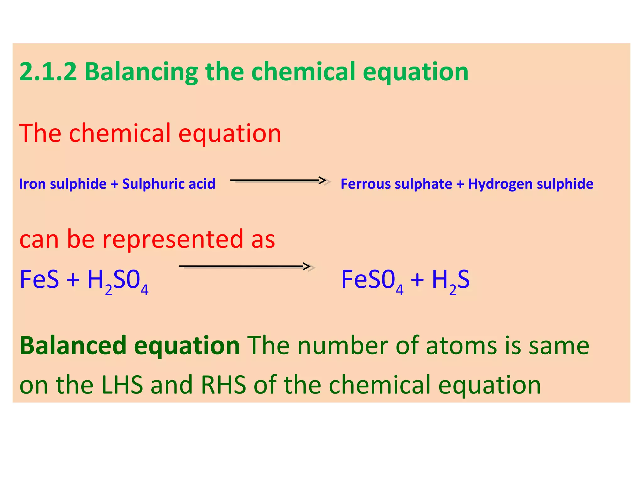 2.1.2 Balancing the chemical equation
The chemical equation
Iron sulphide + Sulphuric acid Ferrous sulphate + Hydrogen sulphide
can be represented as
FeS + H2S04 FeS04 + H2S
Balanced equation The number of atoms is same
on the LHS and RHS of the chemical equation
 