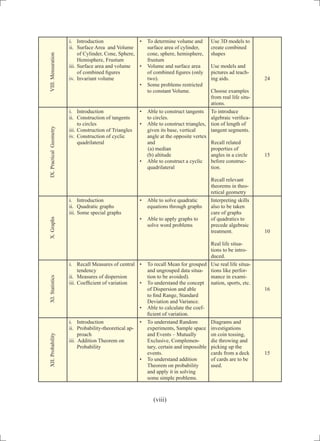 i.	 Introduction
ii.	 Surface Area and Volume
of Cylinder, Cone, Sphere,
Hemisphere, Frustum
iii.	Surface area and volume
of combined figures
iv.	 Invariant volume
•	 To determine volume and
surface area of cylinder,
cone, sphere, hemisphere,
frustum
•	 Volume and surface area
of combined figures (only
two).
•	 Some problems restricted
to constant Volume.
Use 3D models to
create combined
shapes
Use models and
pictures ad teach-
ing aids.
Choose examples
from real life situ-
ations.
24
i.	 Introduction
ii.	 Construction of tangents
to circles
iii.	Construction of Triangles
iv.	 Construction of cyclic
quadrilateral
•	 Able to construct tangents
to circles.
•	 Able to construct triangles,
given its base, vertical
angle at the opposite vertex
and
(a) median
(b) altitude
•	 Able to construct a cyclic
quadrilateral
To introduce
algebraic verifica-
tion of length of
tangent segments.
Recall related
properties of
angles in a circle
before construc-
tion.
Recall relevant
theorems in theo-
retical geometry
15
i.	 Introduction
ii.	 Quadratic graphs
iii.	Some special graphs
•	 Able to solve quadratic
equations through graphs
•	 Able to apply graphs to
solve word problems
Interpreting skills
also to be taken
care of graphs
of quadratics to
precede algebraic
treatment.
Real life situa-
tions to be intro-
duced.
10
i.	 Recall Measures of central
tendency
ii.	 Measures of dispersion
iii.	Coefficient of variation
•	 To recall Mean for grouped
and ungrouped data situa-
tion to be avoided).
•	 To understand the concept
of Dispersion and able
to find Range, Standard
Deviation and Variance.
•	 Able to calculate the coef-
ficient of variation.
Use real life situa-
tions like perfor-
mance in exami-
nation, sports, etc.
16
i.	 Introduction
ii.	 Probability-theoretical ap-
proach
iii. Addition Theorem on
Probability
•	 To understand Random
experiments, Sample space
and Events – Mutually
Exclusive, Complemen-
tary, certain and impossible
events.
•	 To understand addition
Theorem on probability
and apply it in solving
some simple problems.
Diagrams and
investigations
on coin tossing,
die throwing and
picking up the
cards from a deck
of cards are to be
used.
15
VIII.MensurationIX.PracticalGeometryX.GraphsXI.StatisticsXII.Probability
(viii)
 