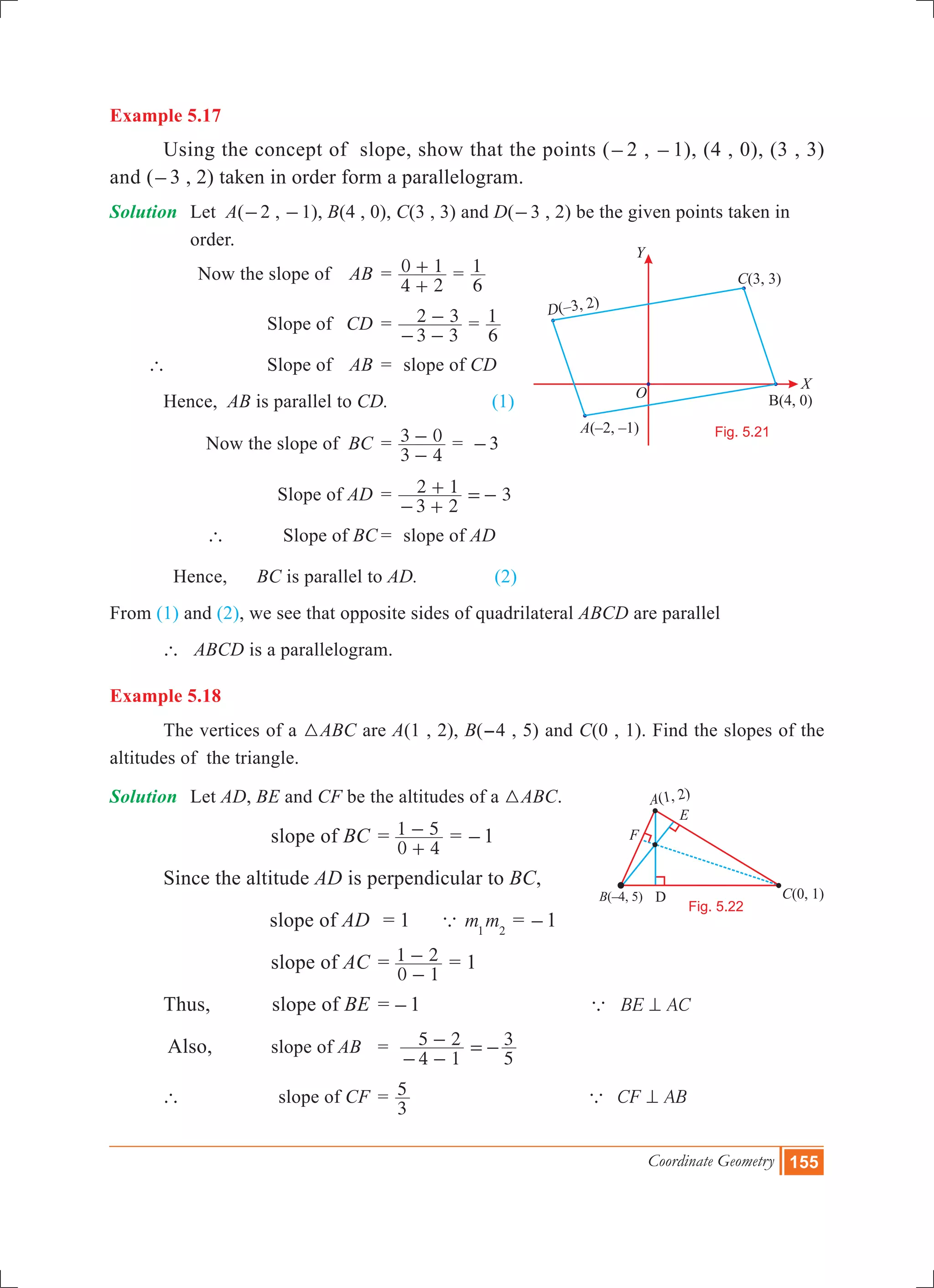 Coordinate Geometry 155
Example 5.17
	 Using the concept of slope, show that the points (-2 , -1), (4 , 0), (3 , 3)
and (-3 , 2) taken in order form a parallelogram.
Solution	 Let A(-2 , -1), B(4 , 0), C(3 , 3) and D(-3 , 2) be the given points taken in 	
		 order.
	 Now the slope of 	 AB	 =
4 2
0 1
+
+ =
6
1
		 Slope of 	 CD	 =
3 3
2 3
- -
- =
6
1
` 	 Slope of 	 AB 	=	 slope of CD
	 Hence, AB is parallel to CD.	 (1)
	 Now the slope of 	BC 	=
3 4
3 0
-
- = -3
		 Slope of AD	 =
3 2
2 1 3
- +
+ =-
		 ` Slope of BC	=	 slope of AD
	 Hence, BC is parallel to AD.	 (2)
From (1) and (2), we see that opposite sides of quadrilateral ABCD are parallel
	 ` ABCD is a parallelogram.
Example 5.18
	 The vertices of a 3ABC are A(1 , 2), B(-4 , 5) and C(0 , 1). Find the slopes of the
altitudes of the triangle.
Solution	 Let AD, BE and CF be the altitudes of a 3ABC.
			 slope of BC	=	
0 4
1 5
+
- = -1
	 Since the altitude AD is perpendicular to BC,
			 slope of AD	 = 1 a m m1 2
= -1
	 		 slope of AC	=	
0 1
1 2
-
- = 1
	 Thus,	 slope of BE	=	-1 BE ACa =
	 Also, slope of AB 	=
4 1
5 2
5
3
- -
- =-
	 ` 		 slope of CF	 =	
3
5 CF ABa =
O
X
Y
A – –( 2, 1)
B(4, 0)
C(3, 3)
D(–3, 2)
Fig. 5.21
Fig. 5.22
A(1, 2)
E
F
C(0, 1)B –( 4, 5) D
 