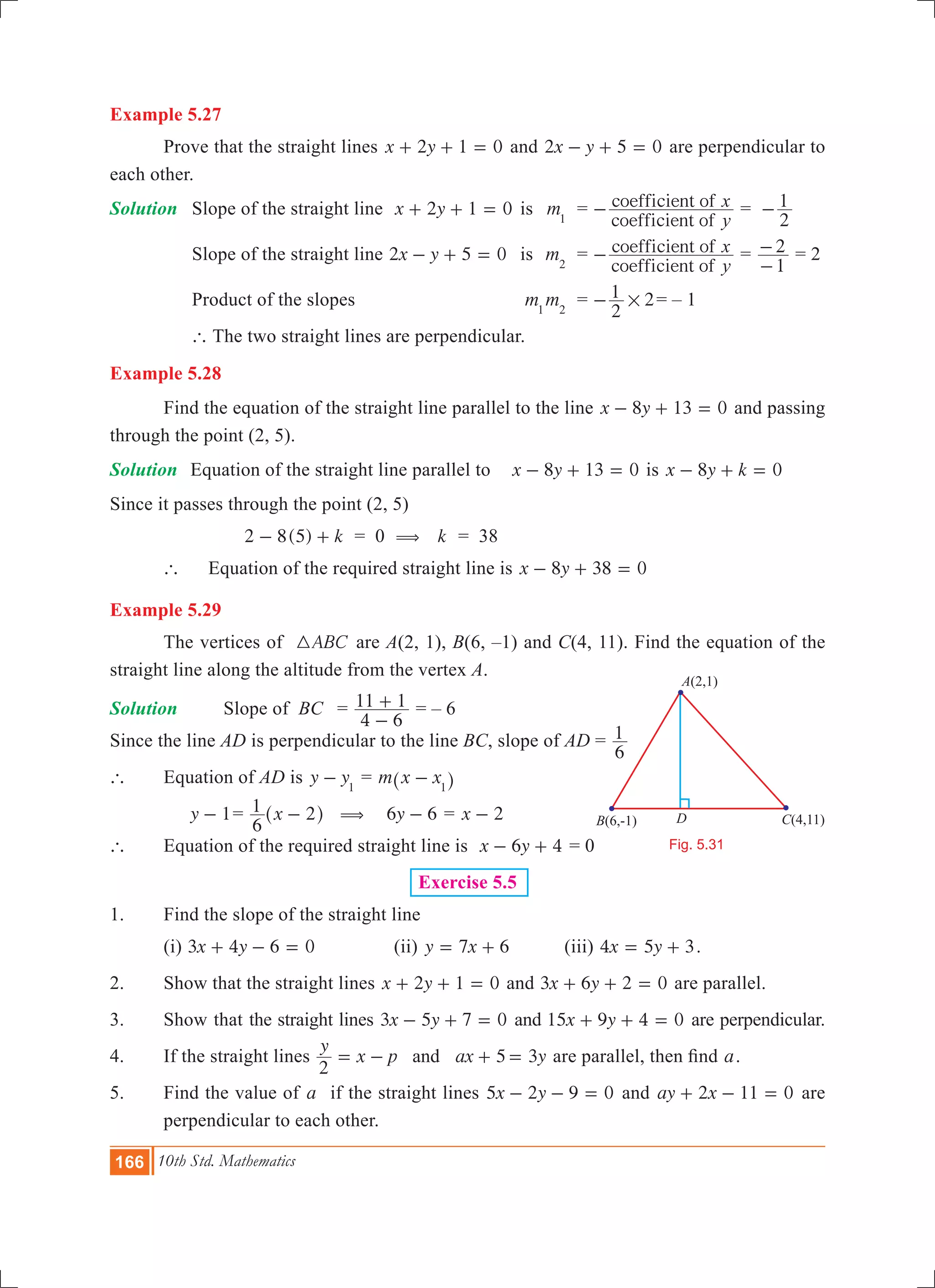 166 10th Std. Mathematics
Example 5.27
	 Prove that the straight lines x y2 1 0+ + = and x y2 5 0- + = are perpendicular to
each other.
Solution	 Slope of the straight line x y2 1 0+ + = 	is	 m1
	 =
coefficient of
coefficient of
y
x- =
2
1-
	 Slope of the straight line x y2 5 0- + = 	 is	 m2
	 =
coefficient of
coefficient of
y
x- =
1
2
-
- = 2
	 Product of the slopes			m m1 2
	 =
2
1 2#- = – 1
	 ` The two straight lines are perpendicular.
Example 5.28
	 Find the equation of the straight line parallel to the line x y8 13 0- + = and passing
through the point (2, 5).
Solution	 Equation of the straight line parallel to x y8 13 0- + = is x y k8 0- + =
Since it passes through the point (2, 5)
			 ( ) k2 8 5- + 	 = 0 ( k = 38
	 ` 	 Equation of the required straight line is x y8 38 0- + =
Example 5.29
	 The vertices of ABC3 are A(2, 1), B(6, –1) and C(4, 11). Find the equation of the
straight line along the altitude from the vertex A.
Solution			 Slope of BC	 =
4 6
11 1
-
+ = – 6
Since the line AD is perpendicular to the line BC, slope of AD =
6
1
` 	 Equation of AD is y y1
- = m x x1
-^ h
	 y 1- 	= x
6
1 2-^ h ( y6 6- = x 2-
`	 Equation of the required straight line is x y6 4- + = 0
Exercise 5.5
1.	 Find the slope of the straight line
	 (i) x y3 4 6 0+ - = 		 (ii) y x7 6= + 	 (iii) x y4 5 3= + .
2.	 Show that the straight lines x y2 1 0+ + = and x y3 6 2 0+ + = are parallel.
3.	 Show that the straight lines x y3 5 7 0- + = and x y15 9 4 0+ + = are perpendicular.
4.	 If the straight lines 5 3
y
x p ax y
2
and= - + = are parallel, then find a.
5.	 Find the value of a if the straight lines x y5 2 9 0- - = and 11 0ay x2+ - = are
perpendicular to each other.
B(6,-1)
A(2,1)
C(4,11)D
Fig. 5.31
 
