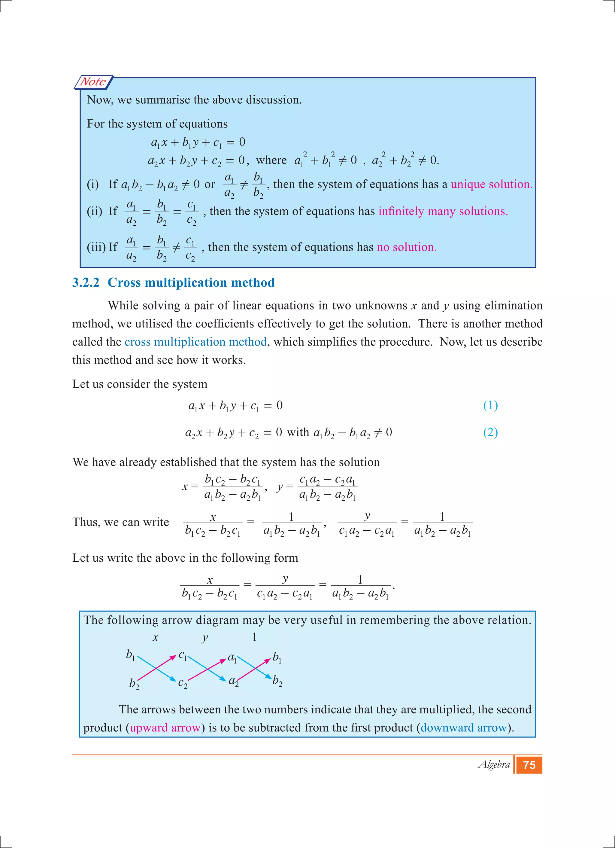 Algebra 75
Note
Now, we summarise the above discussion.
For the system of equations
			 0a x b y c1 1 1+ + = 									
			 0a x b y c2 2 2+ + = , where , .a b a b0 01
2
1
2
2
2
2
2
! !+ +
	(i)	 If 0a b b a1 2 1 2 !- or
a
a
b
b
2
1
2
1
! , then the system of equations has a unique solution.
	(ii)	 If
a
a
b
b
c
c
2
1
2
1
2
1
= = , then the system of equations has infinitely many solutions.
	(iii)	If
a
a
b
b
c
c
2
1
2
1
2
1
!= , then the system of equations has no solution.
3.2.2	 Cross multiplication method
	 While solving a pair of linear equations in two unknowns x and y using elimination
method, we utilised the coefficients effectively to get the solution. There is another method
called the cross multiplication method, which simplifies the procedure. Now, let us describe
this method and see how it works.
Let us consider the system
				 0a x b y c1 1 1+ + = 						 (1)
				 0a x b y c2 2 2+ + = with 0a b b a1 2 1 2 !- 			 (2)
We have already established that the system has the solution
		 x 	=
a b a b
b c b c
1 2 2 1
1 2 2 1
-
-
, y =
a b a b
c a c a
1 2 2 1
1 2 2 1
-
-
Thus, we can write
b c b c
x
1 2 2 1-
=
a b a b
1
1 2 2 1-
,
c a c a
y
1 2 2 1-
=
a b a b
1
1 2 2 1-
	
Let us write the above in the following form
			
b c b c
x
1 2 2 1-
=
c a c a
y
1 2 2 1-
=
a b a b
1
1 2 2 1-
.	
The following arrow diagram may be very useful in remembering the above relation.
x y 1
	 The arrows between the two numbers indicate that they are multiplied, the second
product (upward arrow) is to be subtracted from the first product (downward arrow).
b1
b2
c1
c2
a1
a2
b1
b2
 