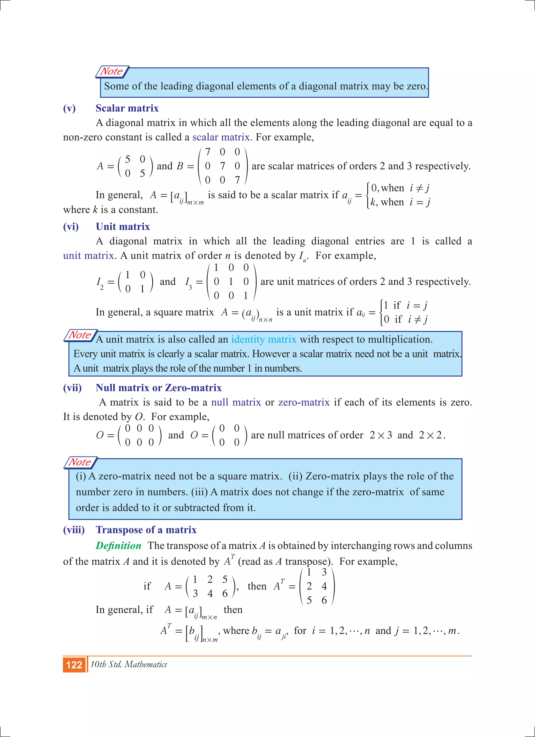 122 10th Std. Mathematics
Note
Note
Note
Some of the leading diagonal elements of a diagonal matrix may be zero.
(v)	 Scalar matrix
	 A diagonal matrix in which all the elements along the leading diagonal are equal to a
non-zero constant is called a scalar matrix. For example,
	 A
5
0
0
5
= c m and B
7
0
0
0
7
0
0
0
7
= f p are scalar matrices of orders 2 and 3 respectively.
	 In general, A aij m m
=
#
6 @ is said to be a scalar matrix if
,
,
a
i j
k i j
0 when
whenij
!
=
=
)
where k is a constant.
(vi)	 Unit matrix
	 A diagonal matrix in which all the leading diagonal entries are 1 is called a
unit matrix. A unit matrix of order n is denoted by In
. For example,
	 I
1
0
0
12
= c m and I
1
0
0
0
1
0
0
0
1
3
= f p are unit matrices of orders 2 and 3 respectively.
	 In general, a square matrix A aij n n
=
#
^ h is a unit matrix if a
i j
i j
1
0
if
if
ij
!
=
=
)
	 A unit matrix is also called an identity matrix with respect to multiplication.
Every unit matrix is clearly a scalar matrix. However a scalar matrix need not be a unit matrix.
Aunit matrix plays the role of the number 1 in numbers.
(vii)	 Null matrix or Zero-matrix
	 A matrix is said to be a null matrix or zero-matrix if each of its elements is zero.
It is denoted by O. For example,
	 O
0
0
0
0
0
0
= c m and O
0
0
0
0
= c m are null matrices of order 2 3 2 2and# # .
(i) A zero-matrix need not be a square matrix. (ii) Zero-matrix plays the role of the
number zero in numbers. (iii) A matrix does not change if the zero-matrix of same
order is added to it or subtracted from it.
(viii)	 Transpose of a matrix
	 Definition The transpose of a matrix A is obtained by interchanging rows and columns
of the matrix A and it is denoted by A
T
(read as A transpose). For example,
	 if	 A
1
3
2
4
5
6
= c m, then A
1
2
5
3
4
6
T
= f p
	 In general, if 	 A aij m n
=
#
6 @ then
		 , , 1,2, , 1,2, ,A b b a i n j mwhere for and
T
n m ij jiij
g g= = = =
#
8 B .
 