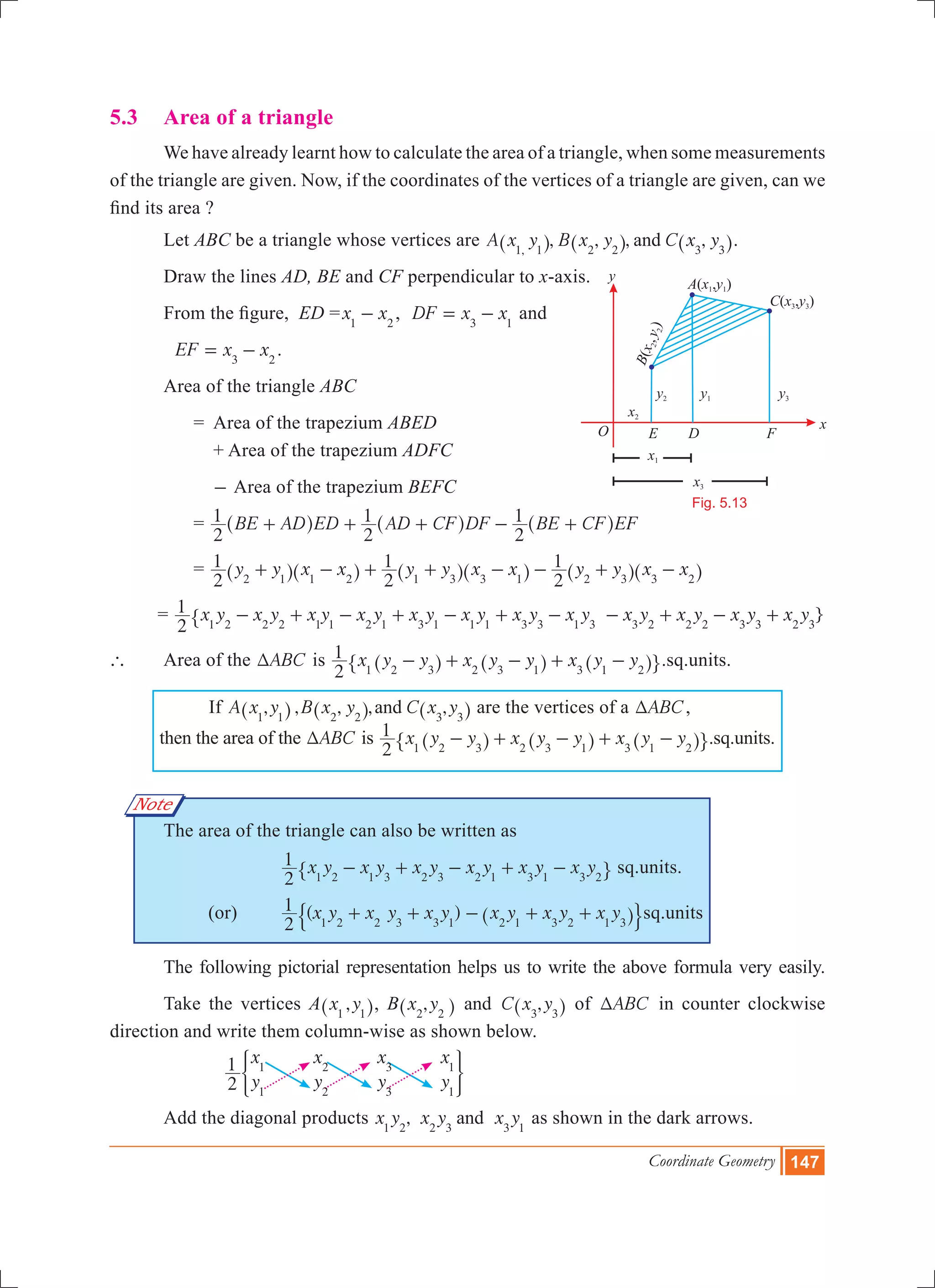 Coordinate Geometry 147
O
A x y( , )1 1
C x y( , )3 3
x
y
y1
x3
x1
x2
y3y2
E FD
Fig. 5.13
Note
5.3 	 Area of a triangle			
	 We have already learnt how to calculate the area of a triangle, when some measurements
of the triangle are given. Now, if the coordinates of the vertices of a triangle are given, can we
find its area ?
	 Let ABC be a triangle whose vertices are , , , ,A x y B x y C x yand,1 1 2 2 3 3^ ^ ^h h h.
	 Draw the lines AD, BE and CF perpendicular to x-axis.
	 From the figure, ED =x x1 2
- , DF x x3 1
= - and
	 EF x x3 2
= - .
	 Area of the triangle ABC
	 = Area of the trapezium ABED
	 + Area of the trapezium ADFC
	 - Area of the trapezium BEFC
	 = BE AD ED AD CF DF BE CF EF
2
1
2
1
2
1+ + + - +^ ^ ^h h h
	 = y y x x y y x x y y x x
2
1
2
1
2
1
2 1 1 2 1 3 3 1 2 3 3 2
+ - + + - - + -^ ^ ^ ^ ^ ^h h h h h h
= }x y x y x y x y x y x y x y x y x y x y x y x y
2
1
1 2 2 2 1 1 2 1 3 1 1 1 3 3 1 3 3 2 2 2 3 3 2 3
- + - + - + - - + - +"
` 	 Area of the ABCT is x y y x y y x y y
2
1
1 2 3 2 3 1 3 1 2
- + - + -^ ^ ^h h h" ,.sq.units.
If , , , , ,A x y B x y C x yand1 1 2 2 3 3^ ^ ^h h h are the vertices of a ABCT ,
then the area of the ABCT is x y y x y y x y y
2
1
1 2 3 2 3 1 3 1 2
- + - + -^ ^ ^h h h" ,.sq.units.
	 The area of the triangle can also be written as
	 	 		 x y x y x y x y x y x y
2
1
1 2 1 3 2 3 2 1 3 1 3 2
- + - + -" , sq.units.
	 	 (or) 	 ( )x y x y x y x y x y x y
2
1
1 2 2 3 3 1 2 1 3 2 1 3
+ + - + +^ h$ .sq.units
	 The following pictorial representation helps us to write the above formula very easily.
	 Take the vertices A ,x y1 1^ h, B , ,x y C x yand2 2 3 3^ ^h h of ABCT in counter clockwise
direction and write them column-wise as shown below.
			
x
y
x
y
x
y
x
y2
1 1
1
2
2
3
3
1
1
) 3
	 Add the diagonal products ,x y x y x yand1 2 2 3 3 1
as shown in the dark arrows.
 