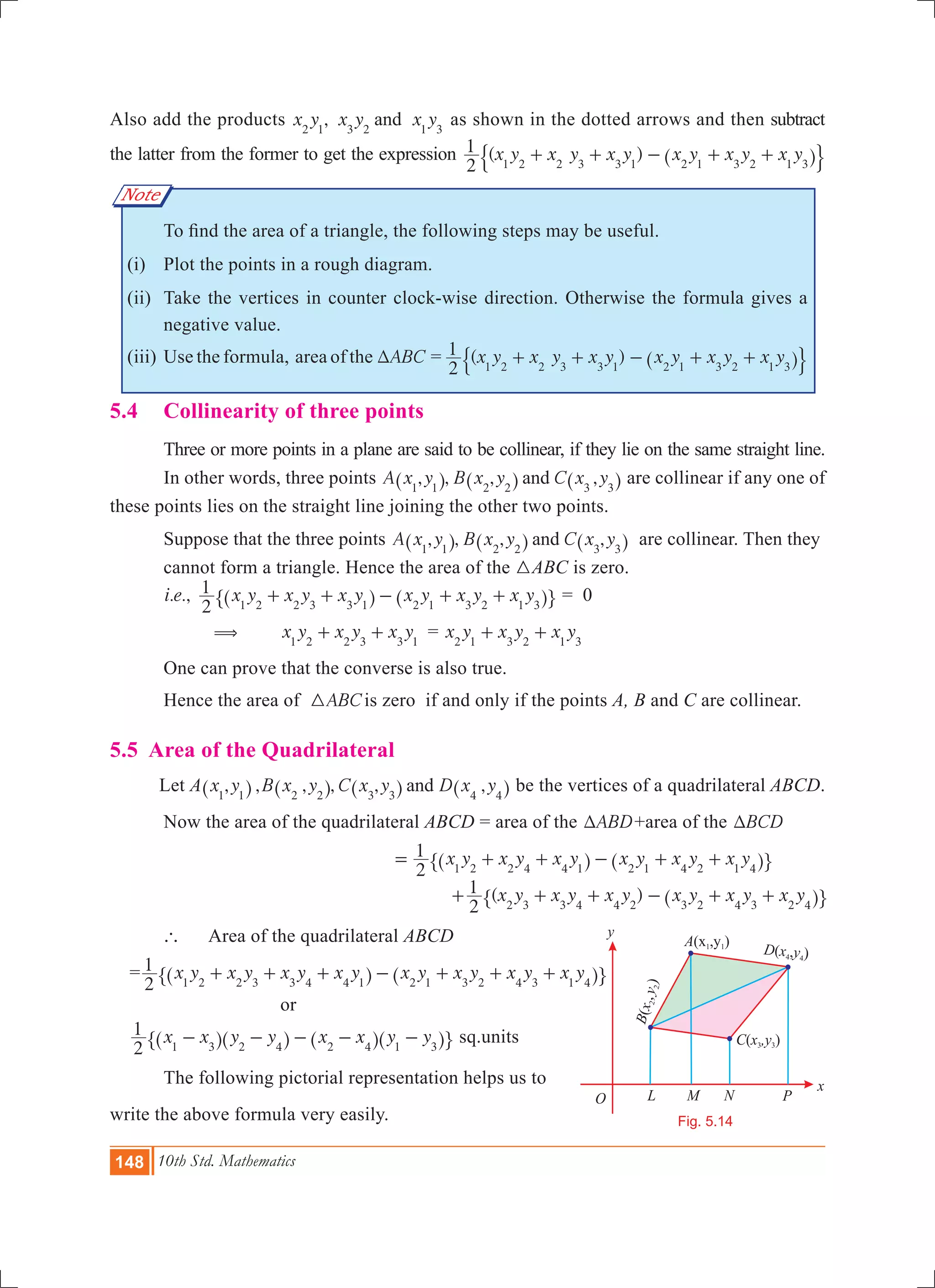 148 10th Std. Mathematics
O
A(x ,y )1 1
C x ,y( )3 3
x
y
L PM N
Fig. 5.14
Note
Also add the products ,x y x y x yand2 1 3 2 1 3
as shown in the dotted arrows and then subtract
the latter from the former to get the expression ( )x y x y x y x y x y x y
2
1
1 2 2 3 3 1 2 1 3 2 1 3
+ + - + +^ h$ .
	 To find the area of a triangle, the following steps may be useful.
	 (i) 	 Plot the points in a rough diagram.
	 (ii) 	Take the vertices in counter clock-wise direction. Otherwise the formula gives a
negative value.
	 (iii)	Use the formula, area of the ABCT = ( )x y x y x y x y x y x y
2
1
1 2 2 3 3 1 2 1 3 2 1 3
+ + - + +^ h$ .
5.4 	 Collinearity of three points
	 Three or more points in a plane are said to be collinear, if they lie on the same straight line.
	 In other words, three points , , , ,A x y B x y C x yand1 1 2 2 3 3^ ^ ^h h h are collinear if any one of
these points lies on the straight line joining the other two points.
	 Suppose that the three points , , , ,A x y B x y C x yand1 1 2 2 3 3^ ^ ^h h h are collinear. Then they 	
	 cannot form a triangle. Hence the area of the 3ABC is zero.
	 . .,i e x y x y x y x y x y x y
2
1
1 2 2 3 3 1 2 1 3 2 1 3
+ + - + +^ ^h h" , = 0
	 (	 x y x y x y1 2 2 3 3 1
+ + = x y x y x y2 1 3 2 1 3
+ +
	 One can prove that the converse is also true.
	 Hence the area of ABC3 is zero if and only if the points A, B and C are collinear.
5.5 Area of the Quadrilateral
Let A , , , , , ,x y B x y C x y D x yand1 1 2 2 3 3 4 4^ ^ ^ ^h h h h be the vertices of a quadrilateral ABCD.
	 Now the area of the quadrilateral ABCD = area of the ABDT +area of the BCDT
						 x y x y x y x y x y x y
2
1
1 2 2 4 4 1 2 1 4 2 1 4
= + + - + +^ ^h h" ,
	 						 ( )x y x y x y x y x y x y
2
1
2 3 3 4 4 2 3 2 4 3 2 4
+ + + - + +^ h" ,
	 ` 	 Area of the quadrilateral ABCD
= x y x y x y x y x y x y x y x y
2
1
1 2 2 3 3 4 4 1 2 1 3 2 4 3 1 4
+ + + - + + +^ ^h h" ,
				 or
x x y y x x y y
2
1
1 3 2 4 2 4 1 3
- - - - -^ ^ ^ ^h h h h" , sq.units
	 The following pictorial representation helps us to
write the above formula very easily.
 