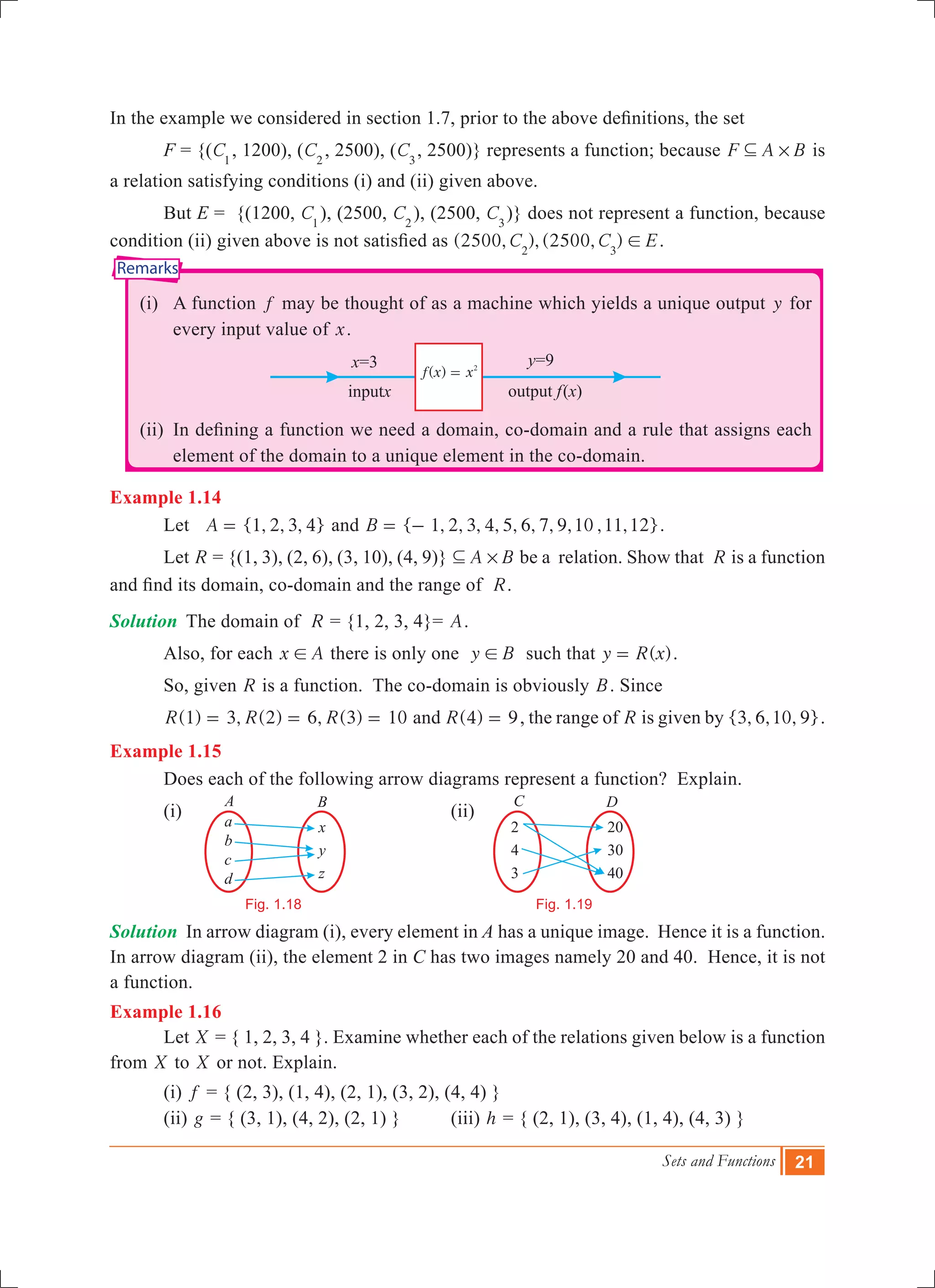 Sets and Functions 21
a
b
c
d
x
y
z
A B
Fig. 1.18
20
30
40
C D
2
4
3
Fig. 1.19
In the example we considered in section 1.7, prior to the above definitions, the set
	 F = {(C1
, 1200), (C2
, 2500), (C3
, 2500)} represents a function; because F A B#3 is
a relation satisfying conditions (i) and (ii) given above.
	 But E = {(1200, C1
), (2500, C2
), (2500, C3
)} does not represent a function, because
condition (ii) given above is not satisfied as (2500, ), (2500, )C C E2 3
! .
	 (i)	 A function f may be thought of as a machine which yields a unique output y for
every input value of x.
	
	 (ii)	 In defining a function we need a domain, co-domain and a rule that assigns each
element of the domain to a unique element in the co-domain.
Example 1.14
	 Let { , , , }A 1 2 3 4= and { , , , , , , , , , , }B 1 2 3 4 5 6 7 9 10 11 12= - .
	 Let R = {(1, 3), (2, 6), (3, 10), (4, 9)} A B#3 be a relation. Show that R is a function
and find its domain, co-domain and the range of R.
Solution	 The domain of R = {1, 2, 3, 4}= A.
	 Also, for each x A! there is only one y B! such that ( )y R x= .
	 So, given R is a function. The co-domain is obviously B. Since
	 ( ) , ( ) , ( )R R R1 3 2 6 3 10= = = and ( )R 4 9= , the range of R is given by { , , , }3 6 10 9 .
Example 1.15
	 Does each of the following arrow diagrams represent a function? Explain.
	 (i)						 (ii)
Solution	 In arrow diagram (i), every element in A has a unique image. Hence it is a function.
In arrow diagram (ii), the element 2 in C has two images namely 20 and 40. Hence, it is not
a function.
Example 1.16
	 Let X = { 1, 2, 3, 4 }. Examine whether each of the relations given below is a function
from X to X or not. Explain.
	 (i) f = { (2, 3), (1, 4), (2, 1), (3, 2), (4, 4) }
	 (ii) g = { (3, 1), (4, 2), (2, 1) }	 (iii) h = { (2, 1), (3, 4), (1, 4), (4, 3) }
( )f x x2
=
Remarks
 