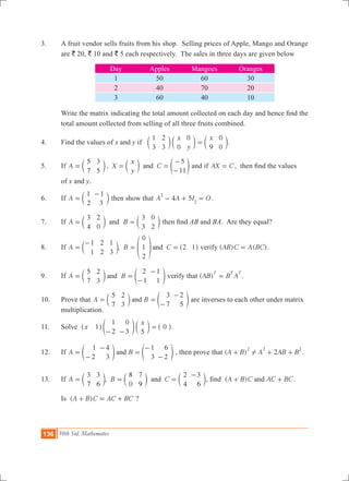 136 10th Std. Mathematics
3.	 A fruit vendor sells fruits from his shop. Selling prices of Apple, Mango and Orange
are ` 20, ` 10 and ` 5 each respectively. The sales in three days are given below
Day Apples Mangoes Oranges
1 50 60 30
2 40 70 20
3 60 40 10
	 Write the matrix indicating the total amount collected on each day and hence find the
total amount collected from selling of all three fruits combined.
4.	 Find the values of x and y if 	
x
y
x1
3
2
3 0
0
9
0
0
=c c cm m m.
5.	 If ,A X
x
y
C
5
7
3
5
5
11
and= = =
-
-
c c em m o and if AX C= , then find the values
	 of x and y.
6.	 If A
1
2
1
3
=
-
c m then show that 4 5A A I O
2
2
- + = .
7.	 If A B
3
4
2
0
3
3
0
2
and= =c cm m then find AB and BA. Are they equal?
8.	 If ,A B C
1
1
2
2
1
3
0
1
2
2 1and=
-
= =c f ^m p h verify ( ) ( )AB C A BC= .
9.	 If A B
5
7
2
3
2
1
1
1
and= =
-
-
c em o verify that ( )AB B A
T T T
= .
10.	 Prove that A B
5
7
2
3
3
7
2
5
and= =
-
-
c em o are inverses to each other under matrix 	
multiplication.
11.	 Solve 0x
x
1
1
2
0
3 5- -
=^ e c ^h o m h.
12.	 If A B
1
2
4
3
1
3
6
2
and=
-
-
=
-
-
e eo o , then prove that ( ) 2A B A AB B
2 2 2
!+ + + .
13.	 If ,A B C
3
7
3
6
8
0
7
9
2
4
3
6
and= = =
-
c c cm m m, find ( )A B C AC BCand+ + .
	 Is ( )A B C AC BC+ = + ?
 