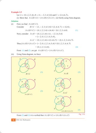 10 10th Std. Mathematics
Example 1.5
	 Let {0,1,2,3,4}, {1, 2, 3,4,5,6} {2,4,6,7}A B Cand= = - = .
	 (i) Show that A B C, +^ h = A B A C, + ,^ ^h h. (ii) Verify using Venn diagram.
Solution	
(i)	 First, we find A B C, +^ h.
	 Consider	 B C+ 	 = {1, 2, 3, 4, 5, 6} {2, 4, 6, 7 } {4, 6}+- = ;
			 A B C, +^ h	 = {0,1, 2, 3, 4} {4, 6}, = { , , , , , }0 1 2 3 4 6 . 	 (1)
	 Next, consider	 A B, 	 = {0,1,2,3,4} {1, , 3,4,5,6}2, -
				 = { 2, 0,1, 2, 3, 4, 5, 6}- ,
			 A C, 	 = {0,1,2,3,4} {2,4,6,7}, = {0,1, 2, 3, 4, 6, 7}.
	 Thus,	 A B A C, + ,^ ^h h	= { 2, 0,1, 2, 3, 4, 5, 6} {0,1, 2, 3, 4, 6, 7}+-
				 = {0,1, 2, 3, 4, 6}. (2)
	 From (1) and (2) ,we get A B C, +^ h = A B A C, + ,^ ^h h.	
(ii)	 Using Venn diagram, we have
						 (1)						 (3)
						 (2)						 (4)
												 (5)
	 From (2) and (5) it is verified that ( ) ( ) ( )A B C A B A C, + , + ,=
A B A C, + ,^ ^h h
A C,
A B,B C+
A B C, +^ h
Fig. 1.12
4
6
1
3
4
62
0 –2
5
1
3
4
62
0 1
3
4
62
0
7
1
3
4
62
0
A
C
B A
C
B
A
C
B
A
C
B
A
C
B
 