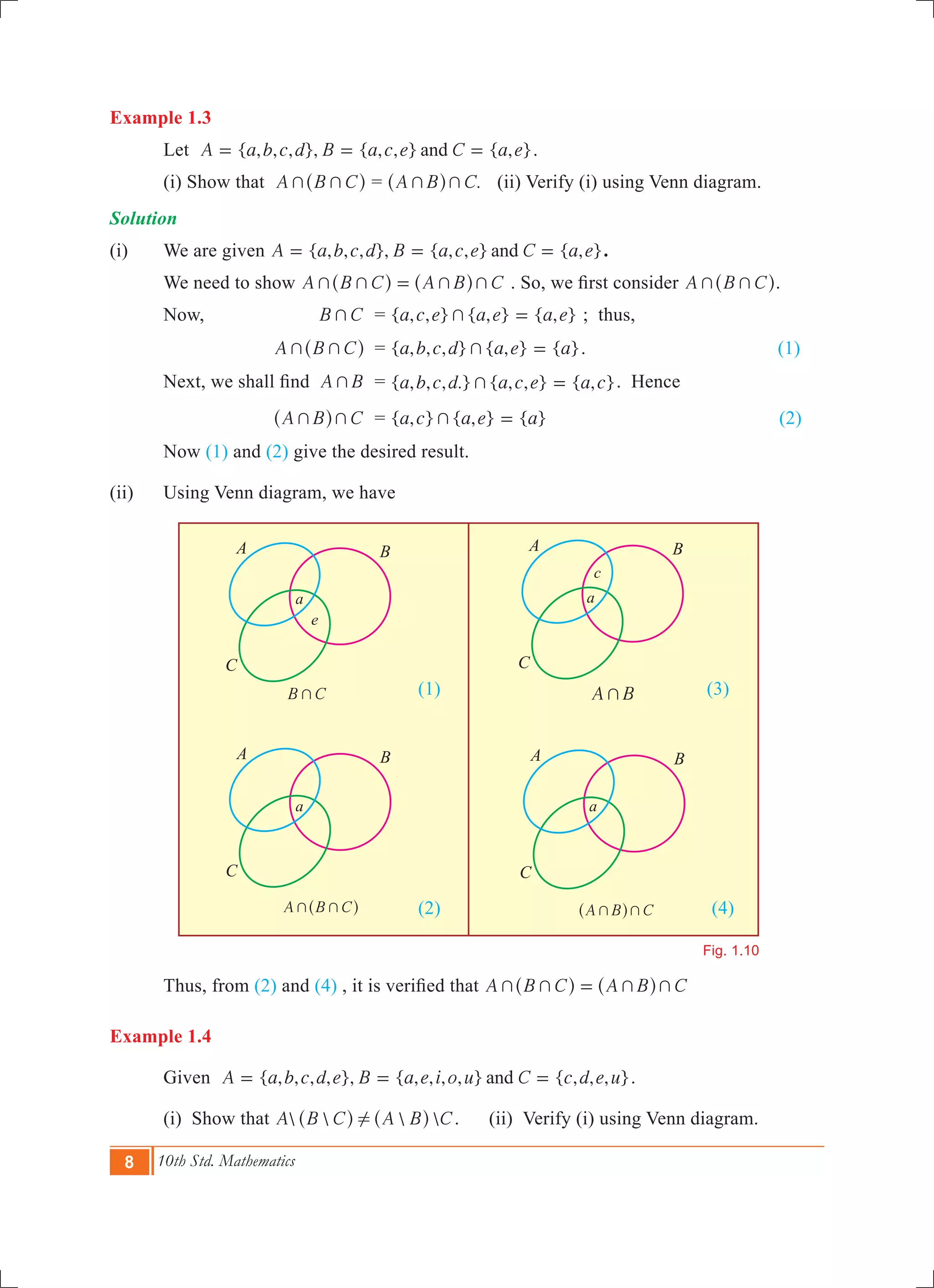 8 10th Std. Mathematics
Example 1.3
	 Let { , , , }, { , , } { , }A a b c d B a c e C a eand= = = .
	 (i) Show that A B C+ +^ h = .A B C+ +^ h (ii) Verify (i) using Venn diagram.
Solution
(i)	 We are given 	 { , , , }, { , , } { , }A a b c d B a c e C a eand= = = .
	 We need to show A B C A B C+ + + +=^ ^h h . So, we first consider A B C+ +^ h.
	 Now,		 B C+ 	 = { , , } { , } { , }a c e a e a e+ = ; thus,
			 A B C+ +^ h	 = { , , , } { , } { }a b c d a e a+ = . (1)
	 Next, we shall find	 A B+ 	 = { , , , .} { , , } { , }a b c d a c e a c+ = . Hence
			 A B C+ +^ h 	 = { , } { , } { }a c a e a+ = (2)
	 Now (1) and (2) give the desired result.
(ii)	 Using Venn diagram, we have
						 (1)					 (3)
						
						 (2)					 (4)
	 Thus, from (2) and (4) , it is verified that A B C A B C+ + + +=^ ^h h
Example 1.4
	 Given { , , , , }, { , , , , } { , , , }A a b c d e B a e i o u C c d e uand= = = .
	 (i) Show that    A B C A B C!^ ^h h . (ii) Verify (i) using Venn diagram.
B C+ A B+
A B C+ +^ h A B C+ +^ h 	
Fig. 1.10
a
e
a
c
a a
A
C
B A
C
B
A
C
B A
C
B
 