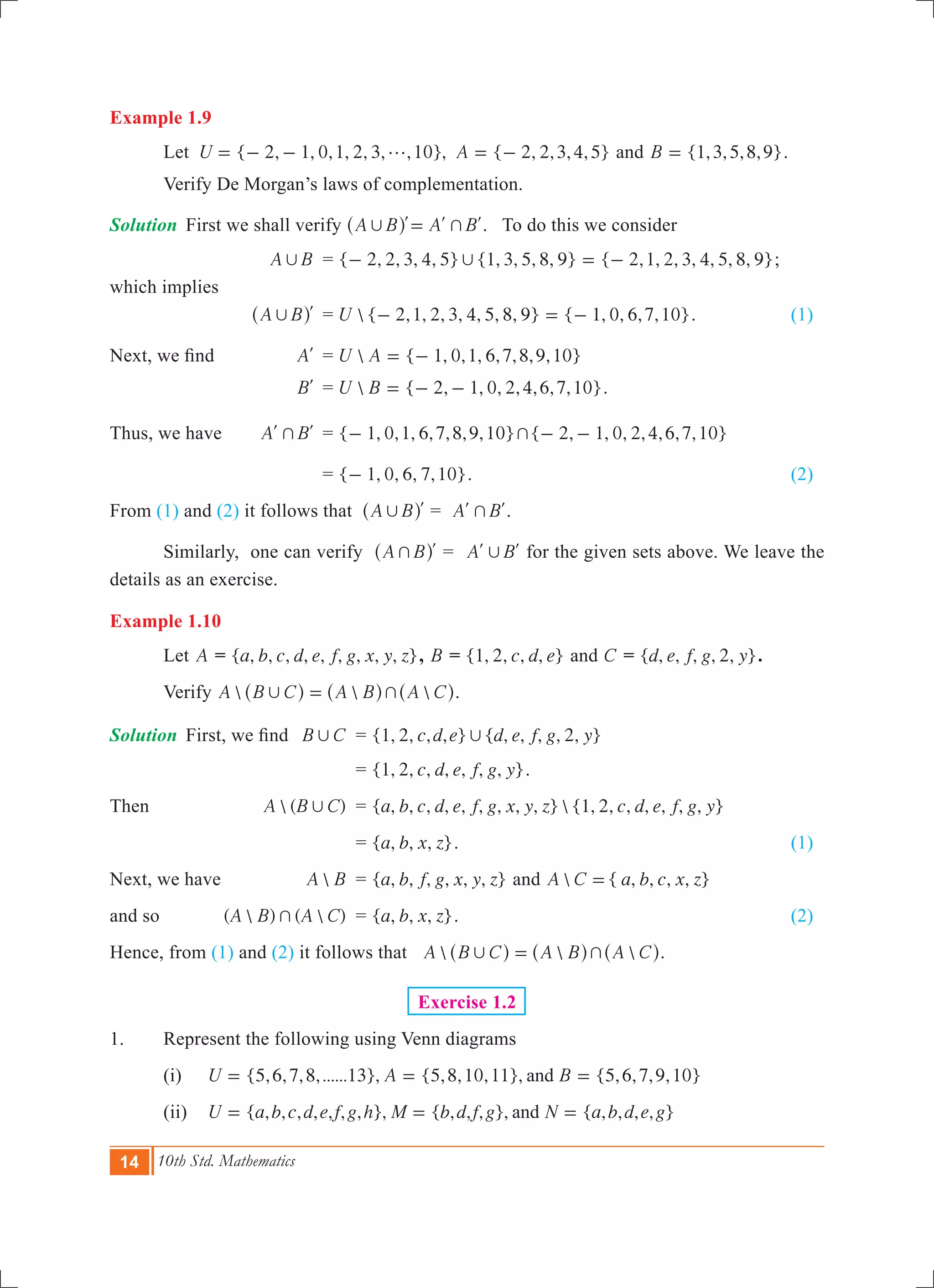 14 10th Std. Mathematics
Example 1.9
	 Let { 2, 1, 0,1, 2, 3, ,10}, { 2, 2,3,4,5}U Ag= - - = - and {1,3,5, ,9}B 8= .
	 Verify De Morgan’s laws of complementation.
Solution	 First we shall verify A B A B, +=l l l^ h . To do this we consider
			 A B, 	 = { , 2, 3, 4, 5} {1, 3, 5, , 9} { , , , , , , , }2 8 2 1 2 3 4 5 8 9,- = - ;
which implies 				
			 A B, l^ h 	 =  { 2,1, 2, 3, 4, 5, 8, 9} { 1, 0, 6,7,10}U - = - .		 (1)
Next, we find	 Al	 =  { 1, 0,1, 6,7,8,9,10}U A = -
			 Bl	 =  { 2, 1, 0, 2,4,6,7,10}U B = - - .
Thus, we have	 A B+l l	 = { 1, , , 6,7,8,9,10}0 1- +{ 2, 1, 0, 2,4,6,7,10}- -
				 = { , , , ,10}1 0 6 7- . 	 (2)
From (1) and (2) it follows that A B, l^ h = A B+l l.
	 Similarly, one can verify A B+ l^ h = A B,l l for the given sets above. We leave the
details as an exercise.
Example 1.10
	 Let A = { , , , , , , , , , }a b c d e f g x y z , B = { , , , , }c d e1 2 and C = { , , , , , }d e f g y2 .
	 Verify   A B C A B A C, +=^ ^ ^h h h.
Solution	 First, we find	 B C, 	 = { , , , , } { , , , , , }c d e d e f g y1 2 2,
		 = { , , , , , , , }c d e f g y1 2 .
Then 				  ( )A B C, 	 = { , , , , , , , , , }  {1, 2, , , , , , }a b c d e f g x y z c d e f g y
					 = { , , , }a b x z . 						 (1)
Next, we have 	 A B	 = { , , , , , , }a b f g x y z and  { , , , , }A C a b c x z=
and so 			 (  ) (  )A B A C+ 	 = { , , , }a b x z . 						 (2)
Hence, from (1) and (2) it follows that   A B C A B A C, +=^ ^ ^h h h.
Exercise 1.2
1.	 Represent the following using Venn diagrams
	 (i)	 {5,6,7,8,......13}, {5,8,10,11}, {5,6,7,9,10}U A Band= = =
	 (ii)	 { , , , , , , , }, { , , , }, { , , , , }U a b c d e f g h M b d f g N a b d e gand= = =
 