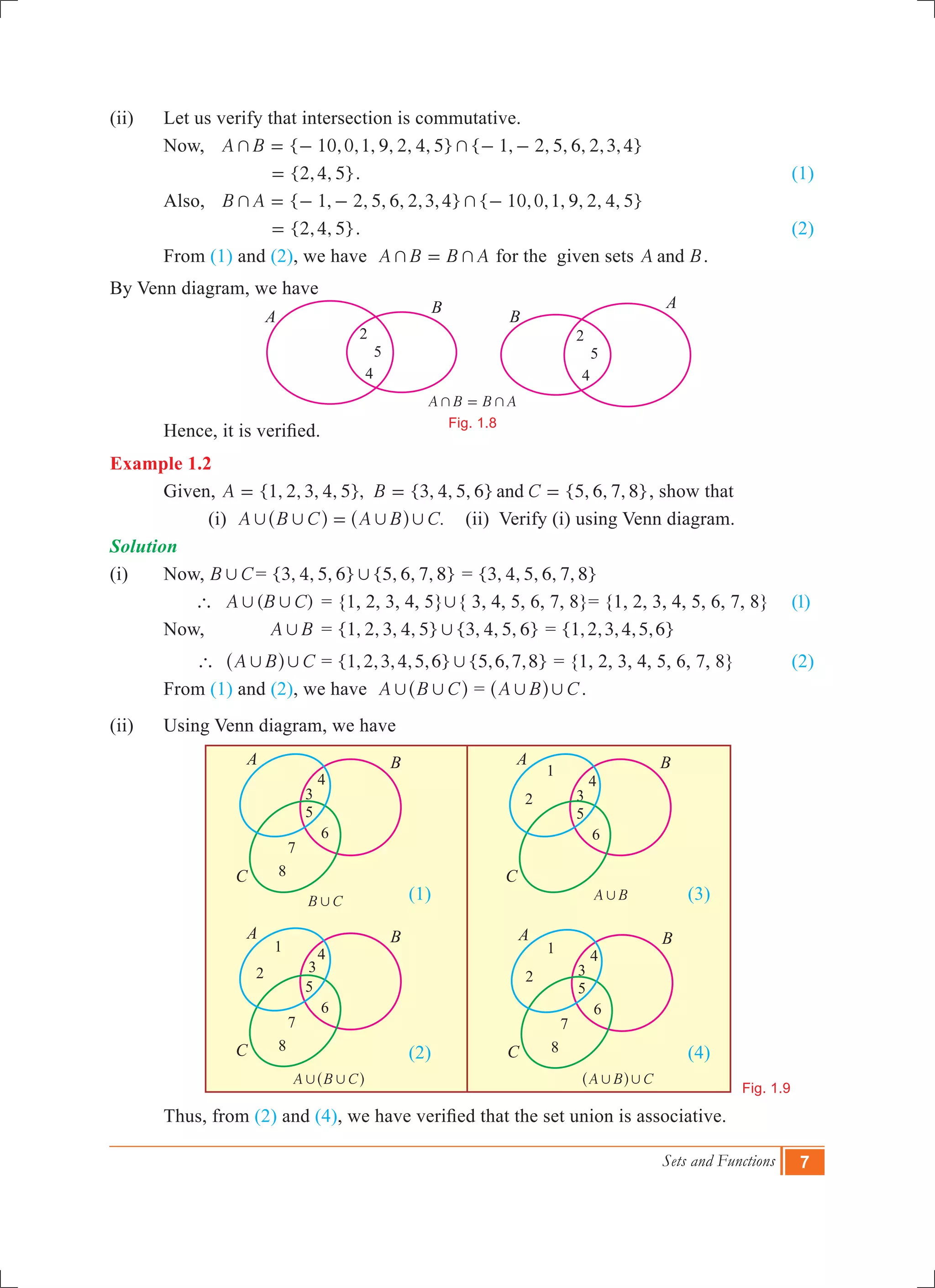 Sets and Functions 7
(ii)	 Let us verify that intersection is commutative.
	 Now,	 { 10,0,1, 9, 2, 4, 5} { 1, 2, 5, 6, 2,3,4}A B+ += - - -
			 {2,4, 5}= . 		 (1)
	 Also,	 { 1, 2, 5, 6, 2,3,4} { 10,0,1, 9, 2, 4, 5}B A+ += - - -
	 	 {2,4, 5}= . 		 (2)
	 From (1) and (2), we have A B B A+ += for the given sets A Band .
By Venn diagram, we have
	 Hence, it is verified.
Example 1.2
	 Given, {1, 2, 3, 4, 5}, {3, 4, 5, 6} {5, 6, 7, 8}A B Cand= = = , show that
		 (i) .A B C A B C, , , ,=^ ^h h (ii) Verify (i) using Venn diagram.
Solution
(i) 	 Now,	B C, 	= {3, 4, 5, 6} {5, 6, 7, 8}, = {3, 4, 5, 6, 7, 8}
	 	 ( )A B C` , , 	= {1, 2, 3, 4, 5},{ 3, 4, 5, 6, 7, 8}= {1, 2, 3, 4, 5, 6, 7, 8}	 (1) 	
	 Now, 	 A B, 	= {1, 2, 3, 4, 5} {3, 4, 5, 6}, = { , , , , , }1 2 3 4 5 6
	 A B C` , ,^ h 	= { , , , , , } { , , , }1 2 3 4 5 6 5 6 7 8, = {1, 2, 3, 4, 5, 6, 7, 8}		 (2)
	 From (1) and (2), we have A B C, ,^ h = A B C, ,^ h .
(ii)	 Using Venn diagram, we have
						 (1)					 (3)
						 (2)					 (4)
	 Thus, from (2) and (4), we have verified that the set union is associative.
B C,
A B C, ,^ h A B C, ,^ h
A B B A+ +=
Fig. 1.8
Fig. 1.9
B
B
A
A
2
5
4
2
5
4
5
6
3
4
7
8
5
6
3
4
1
2
5
6
4
7
8
1
5
6
3
4
7
8
1
2
A B,
A
C
B A
C
B
A
C
B
32
A
C
B
 