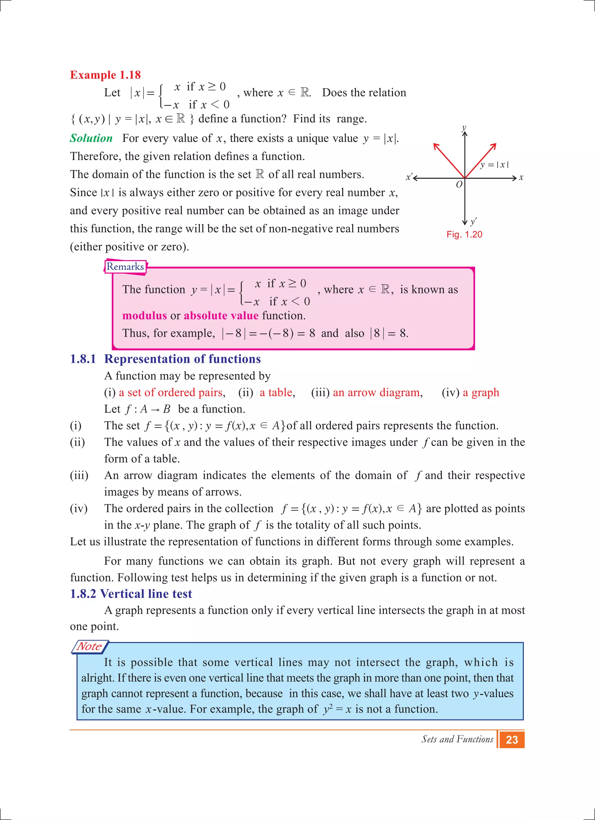 Sets and Functions 23
Fig. 1.20
x
y
O
xl
| |y x=
yl
Remarks
Example 1.18	
	 Let ifx x x
x x
0
0if 1
$
=
-
' , where .x Rd Does the relation
{ ( ,x y) | y = |x|, x R! } define a function? Find its range.
Solution	 For every value of x, there exists a unique value y = |x|.
Therefore, the given relation defines a function.
The domain of the function is the set R of all real numbers.
Since | |x is always either zero or positive for every real number ,x
and every positive real number can be obtained as an image under
this function, the range will be the set of non-negative real numbers
(either positive or zero).
	 The function y = ifx x x
x x
0
0if 1
$
=
-
' , where x Rd , is known as
	 modulus or absolute value function.
	 Thus, for example, 8 8.8 8 8and also- =- - = =^ h
1.8.1 	Representation of functions
	 A function may be represented by
	 (i) a set of ordered pairs, (ii) a table, (iii) an arrow diagram, (iv) a graph
	 Let :f A B" be a function.
(i) 	 The set ( , ) : ( ),f x y y f x x Ad= =" ,of all ordered pairs represents the function.
(ii) 	 The values of x and the values of their respective images under f can be given in the
form of a table.
(iii) 	 An arrow diagram indicates the elements of the domain of f and their respective
images by means of arrows.
(iv)	 The ordered pairs in the collection ( , ) : ( ),f x y y f x x Ad= =" , are plotted as points
in the x-y plane. The graph of f is the totality of all such points.
Let us illustrate the representation of functions in different forms through some examples.
	 For many functions we can obtain its graph. But not every graph will represent a
function. Following test helps us in determining if the given graph is a function or not.
1.8.2 Vertical line test
	 A graph represents a function only if every vertical line intersects the graph in at most
one point.
	 It is possible that some vertical lines may not intersect the graph, which is
alright. If there is even one vertical line that meets the graph in more than one point, then that
graph cannot represent a function, because in this case, we shall have at least two y-values
for the same x-value. For example, the graph of y2
= x is not a function.
Note
 