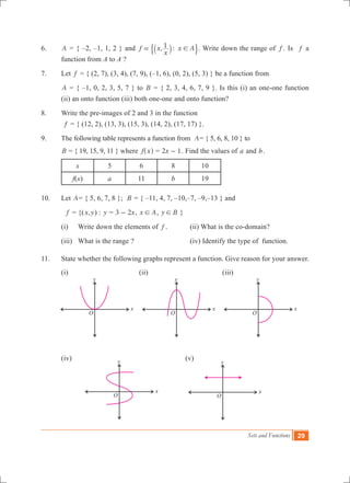 Sets and Functions 29
6.	 A = { –2, –1, 1, 2 } and , :f x
x
x A1 != ` j$ .. Write down the range of f . Is f a
function from A to A ?
7.	 Let f = { (2, 7), (3, 4), (7, 9), (–1, 6), (0, 2), (5, 3) } be a function from
A = { –1, 0, 2, 3, 5, 7 } to B = { 2, 3, 4, 6, 7, 9 }. Is this (i) an one-one function
(ii) an onto function (iii) both one-one and onto function?
8.	 Write the pre-images of 2 and 3 in the function
	 f = { (12, 2), (13, 3), (15, 3), (14, 2), (17, 17) }.
9.	 The following table represents a function from A= { 5, 6, 8, 10 } to
B = { 19, 15, 9, 11 } where f x^ h = x2 1- . Find the values of a and b.
x 5 6 8 10
f(x) a 11 b 19
10.	 Let A= { 5, 6, 7, 8 }; B = { –11, 4, 7, –10,–7, –9,–13 } and
	 f = {( ,x y) : y = x3 2- , x A! , y B! }
	 (i)	 Write down the elements of f .		 (ii) What is the co-domain?
	 (iii)	 What is the range ?			 (iv) Identify the type of function.
11.	 State whether the following graphs represent a function. Give reason for your answer.
	 (i)				 (ii)			 (iii)
	 (iv)						 (v)
x
y
O
x
y
O
x
y
O
x
y
O
x
y
O
 