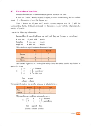 Matrices 119
4.2	 Formation of matrices
	 Let us consider some examples of the ways that matrices can arise.
	 Kumar has 10 pens. We may express it as (10), with the understanding that the number
inside ( ) is the number of pens that Kumar has.
	 Now, if Kumar has 10 pens and 7 pencils, we may express it as (10 7) with the
understanding that the first number inside ( ) is the number of pens while the other one is the
number of pencils.
Look at the following information :
	 Pens and Pencils owned by Kumar and his friends Raju and Gopu are as given below.
	 Kumar has 	 10 pens and 	 7 pencils
	 Raju has 	 8 pens and 	 4 pencils
	 Gopu has 	 6 pens and 	 5 pencils
	 This can be arranged in tabular form as follows:
Pens Pencils
Kumar 10 7
Raju 8 4
Gopu 6 5
	 This can be expressed in a rectangular array where the entries denote the number of
respective items.
	
( )
10
8
6
7
4
5
i
first row
second row
third row
first second
column column
!
!
!
- -
f p
The same information can also be arranged in tabular form as :
Kumar Raju Gopu
Pens 10 8 6
Pencils 7 4 5
	 This can be expressed in a rectangular array.
		
( )
10
7
8
4
6
5
ii
first row
second row
first second third
column column column
!
!
- - -
c m
 