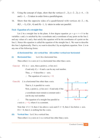 Coordinate Geometry 157
15.	 Using the concept of slope, show that the vertices (1 , 2), (-2 , 2), (-4 , -3)
and (-1, -3) taken in order form a parallelogram.
16.	 Show that the opposite sides of a quadrilateral with vertices A(-2 ,-4),
B(5 , -1), C(6 , 4) and D(-1, 1) taken in order are parallel.
5.6.6 	Equation of a straight line
	 Let L be a straight line in the plane. A first degree equation px qy r 0+ + = in the
variables x and y is satisfied by the x-coordinate and y-coordinate of any point on the line L
and any values of x and y that satisfy this equation will be the coordinates of a point on the
line L. Hence this equation is called the equation of the straight line L. We want to describe
this line L algebraically. That is, we want to describe L by an algebraic equation. Now L is in
any one of the following forms:
	 (i) horizontal line (ii) vertical line (iii) neither vertical nor horizontal
(i) 	 Horizontal line: 	 Let L be a horizontal line.
	 Then either L is x-axis or L is a horizontal line other than x-axis.
Case (a)	 If L is x – axis, then a point (x, y) lies on L
			 if and only if y = 0 and x can be any real number.
			 Thus, y = 0 describes x – axis.
			 ` The equation of x-axis is y = 0
Case (b)	 L is a horizontal line other than x-axis.
			 That is, L is parallel to x-axis.
			 Now, a point (x, y) lies on L if and only if the
	 		 y-coordinate must remain a constant and x
			 can be any real number.
	 ` 		 The equation of a straight line parallel to 						
	 x-axis is y = k, where k is a constant.
	 Note that if k > 0, then L lies above x-axis and if k < 0, then L lies below x- axis. 	
	 If k = 0, then L is nothing but the x-axis.
(ii)	 Vertical line:	 Let L be a vertical line.
	 Then either L is y-axis or L is a vertical line other than y-axis.
O x
y
k
k
l
Ll
y = k
y = –k
L
Fig. 5.23
y = 0
 