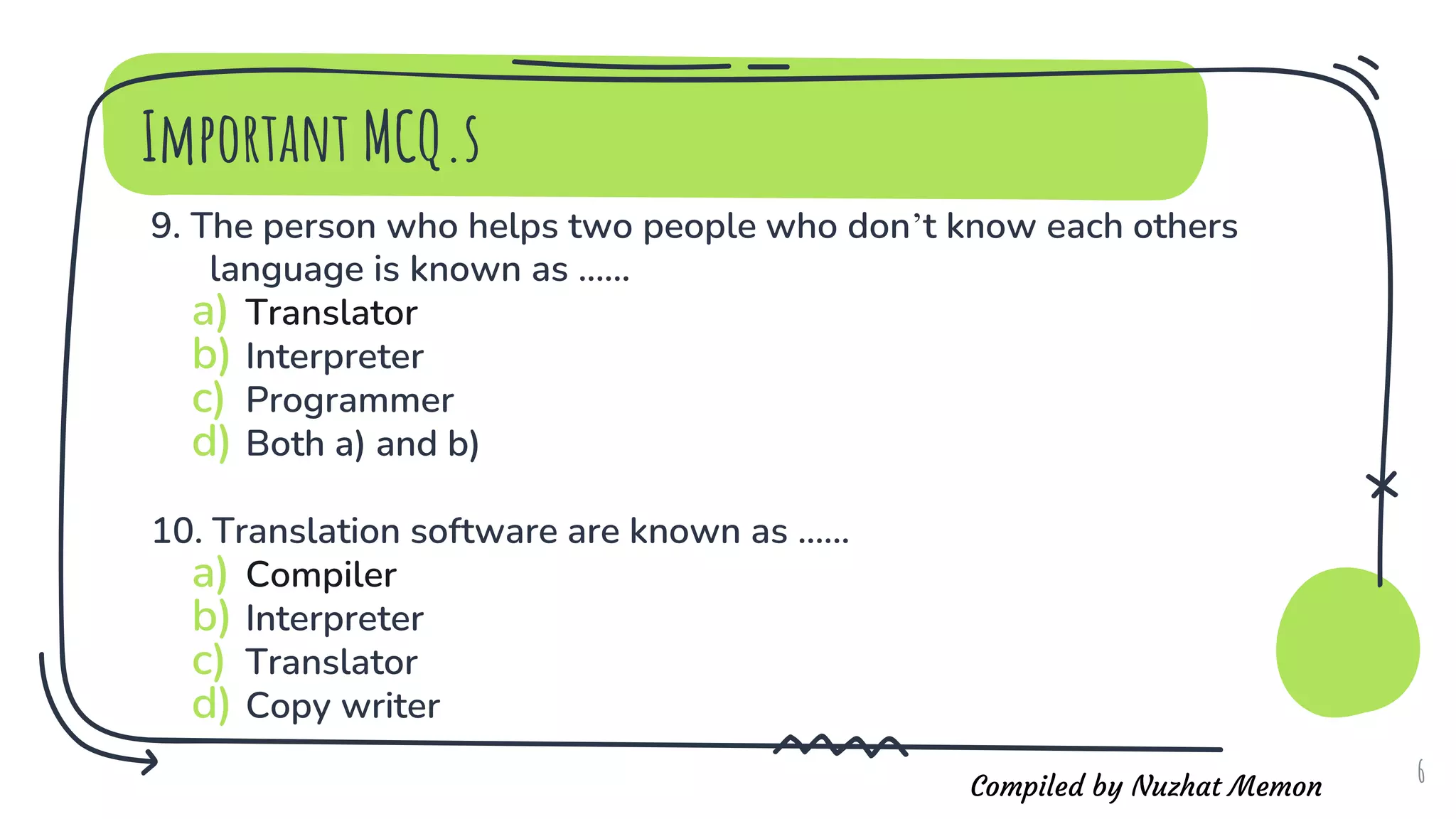Compiled by Nuzhat Memon
9. The person who helps two people who don’t know each others
language is known as ......
a) Translator
b) Interpreter
c) Programmer
d) Both a) and b)
10. Translation software are known as ......
a) Compiler
b) Interpreter
c) Translator
d) Copy writer
6
Important MCQ.s
 