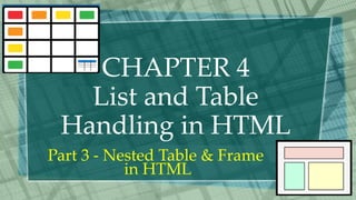 CHAPTER 4
List and Table
Handling in HTML
Part 3 - Nested Table & Frame
in HTML
 