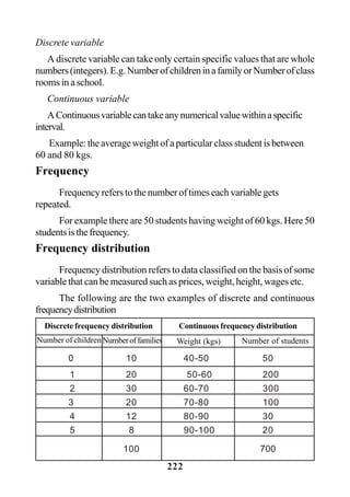 222
Discrete variable
A discrete variable can take only certain specific values that are whole
numbers(integers).E.g.NumberofchildreninafamilyorNumberofclass
rooms in a school.
Continuous variable
AContinuousvariablecantakeanynumericalvaluewithinaspecific
interval.
Example: the average weight of a particular class student is between
60 and 80 kgs.
Frequency
Frequency refers to the number of times each variable gets
repeated.
For example there are 50 students having weight of 60 kgs. Here 50
studentsisthefrequency.
Frequency distribution
Frequency distribution refers to data classified on the basis of some
variable that can be measured such as prices, weight, height, wages etc.
The following are the two examples of discrete and continuous
frequencydistribution
Discrete frequency distribution Continuous frequency distribution
Number of childrenNumberoffamilies Weight (kgs) Number of students
0 10 40-50 50
1 20 50-60 200
2 30 60-70 300
3 20 70-80 100
4 12 80-90 30
5 8 90-100 20
100 700
 
