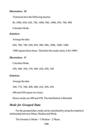 246
Illustration: 10
10personshavethefollowingincome.
Rs 1000, 850, 650, 780, 1000, 980, 1000, 850, 700, 900
Calculate Mode.
Solution:
Arrange the data
650, 700, 780, 850, 850, 900, 980, 1000, 1000, 1000
1000 repeats three times. Therefore the mode salary is Rs 1000/-
Illustration: 11
Calculate Mode.
450, 400, 380, 370, 400, 420, 450, 340
Solution:
Arrange the data
340, 370, 380, 400, 400, 420, 450, 450
400 and 450 repeat two times.
Hence modes are 400 and 450. The distribution is Bimodal.
Mode for Grouped Data
For the grouped data, mode can be calculated by using the empirical
relationship between Mean, Median and Mode.
The formula is Mode = 3 Median – 2 Mean.
 