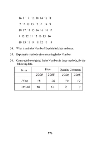 276
16 11 9 10 10 14 18 11
7 15 19 13 7 13 14 9
18 12 17 15 16 16 10 12
9 13 12 11 17 10 15 16
19 13 11 14 8 12 16 14
34. What is an index Number? Explain its kinds and uses.
35. ExplainthemethodsofconstructingIndexNumber.
36. Construct the weighted Index Numbers in three methods, for the
followingdata.
2000 2005
Rice 15 20 10 12
Onion 10 16 2 3
Items Price QuantityConsumed
2000 2005
 