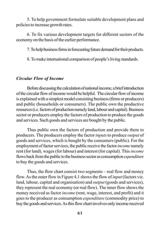 61
5. To help government formulate suitable development plans and
policies to increase growth rates.
6. To fix various development targets for different sectors of the
economy on the basis of the earlier performance.
7.Tohelpbusinessfirmsinforecastingfuturedemandfortheirproducts.
8.Tomakeinternationalcomparisonofpeople’slivingstandards.
Circular Flow of Income
Beforediscussingthecalculationofnationalincome,abriefintroduction
ofthecircularflowofincomewouldbehelpful. Thecircularflowofincome
isexplainedwithasimplestmodelconsistingbusiness(firmsorproducers)
and public (households or consumers). The public own the productive
resources(i.e.factorsofproductionnamelyland,labourandcapital).Business
sector or producers employ the factors of production to produce the goods
and services. Such goods and services are bought by the public.
Thus public own the factors of production and provide them to
producers. The producers employ the factor inputs to produce output of
goods and services, which is bought by the consumers (public). For the
employmentoffactorservices,thepublicreceivethefactorincomenamely
rent (for land), wages (for labour) and interest (for capital). This income
flowsbackfromthepublictothebusinesssectorasconsumptionexpenditure
to buy the goods and services.
Thus, the flow chart consist two segments – real flow and money
flow.As the outer flow in Figure 4.1 shows the flow of input (factors viz.
land, labour, capital and organisation) and output (goods and services),
they represent the real economy (or real flow). The inner flow shows the
money received as factor income (rent, wage, interest, and profit) and it
goes to the producer as consumption expenditure (commodity price) to
buythegoodsandservices.Asthisflowchartinvolvesonlyincomereceived
 