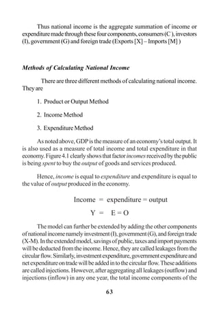 63
Thus national income is the aggregate summation of income or
expendituremadethroughthesefourcomponents,consumers(C),investors
(I), government (G) and foreign trade (Exports [X] – Imports [M] )
Methods of Calculating National Income
There are three different methods of calculating national income.
Theyare
1. Product or Output Method
2. Income Method
3. Expenditure Method
As noted above, GDPis the measure of an economy’s total output. It
is also used as a measure of total income and total expenditure in that
economy.Figure4.1clearlyshowsthatfactorincomesreceivedbythepublic
is being spent to buy the output of goods and services produced.
Hence, income is equal to expenditure and expenditure is equal to
the value of output produced in the economy.
Income = expenditure = output
Y = E = O
The model can further be extended by adding the other components
ofnationalincomenamelyinvestment(I),government(G),andforeigntrade
(X-M).Intheextendedmodel,savingsofpublic,taxesandimportpayments
willbedeductedfromtheincome.Hence,theyarecalledleakagesfromthe
circularflow.Similarly,investmentexpenditure,governmentexpenditureand
netexpenditureontradewillbeaddedintothecircularflow.Theseadditions
arecalledinjections.However,afteraggregatingallleakages(outflow)and
injections (inflow) in any one year, the total income components of the
 